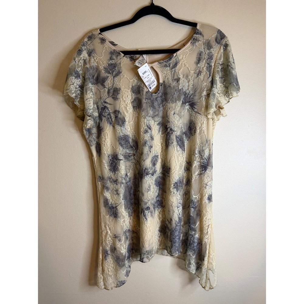 Brittany Black Womens XL Floral Lace Top Beige Gray Blue Short Sleeve NWT